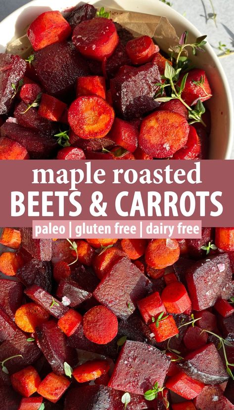 These maple roasted beets and carrots are a healthy dinner side dish packed with flavor. This recipe is made with thinly sliced beets and carrots that are coated in maple syrup and cinnamon, baked in the oven and then topped with flaked salt and fresh thyme. These baked beets and carrot are paleo friendly, gluten free and dairy free. Carrots And Beets Recipe, Maple Roasted Beets And Carrots, Slow Cooker Beets And Carrots, Roasted Beets And Carrots Oven, Baked Carrots Recipe Healthy, Carrot Baked Recipes, Crockpot Beets Recipe, Roasted Beets With Lemon-tahini Dressing, Thanksgiving Beets Recipes