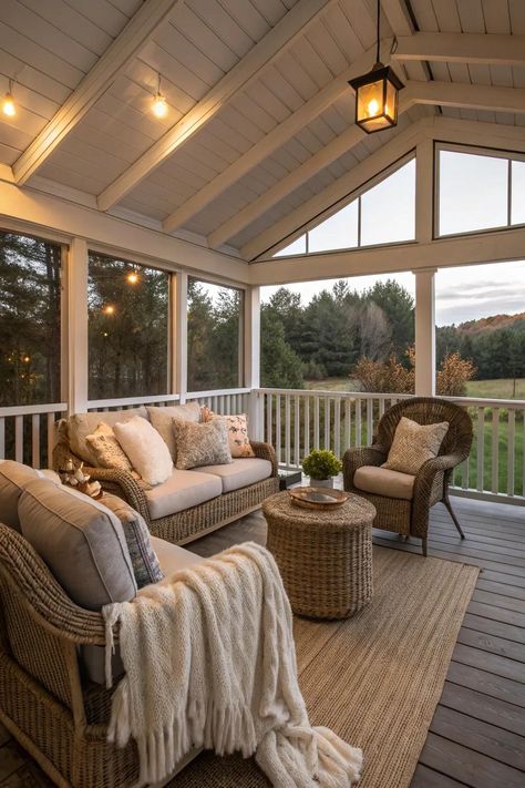 Overhang Roof Ideas, Cottage Screened In Porch, Screened Pavilion, Sunroom Idea, Small Screened Porch, Cozy Sunroom Ideas, Enclosed Deck, Deck Redo, Cozy Back Porch Ideas