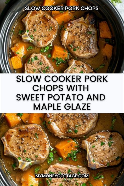 Slow Cooker Pork Chops Sweet Potatoes, Pork Chops Sweet Potatoes Crock Pot, Pork Chop Recipes With Sweet Potatoes, Crockpot With Sweet Potatoes, Slow Cooker Sweet Ginger Pork Chops, Pork Chop And Sweet Potato Crockpot, Pork Chop With Sweet Potatoes, Pork Chop Sweet Potato Recipes Crock Pot, Slow Cooker Pork Chops With Sweet Potatoes