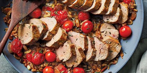 One-Pan Pork Tenderloin with Heirloom Tomato & Shallot Confit Recipe | EatingWell Shallot Confit, Easy Teriyaki Chicken, Skillet Dinners, Balsamic Chicken, Heirloom Tomato, Sour Cream And Onion, Cooked Veggies, Baked Fish, One Pan Meals