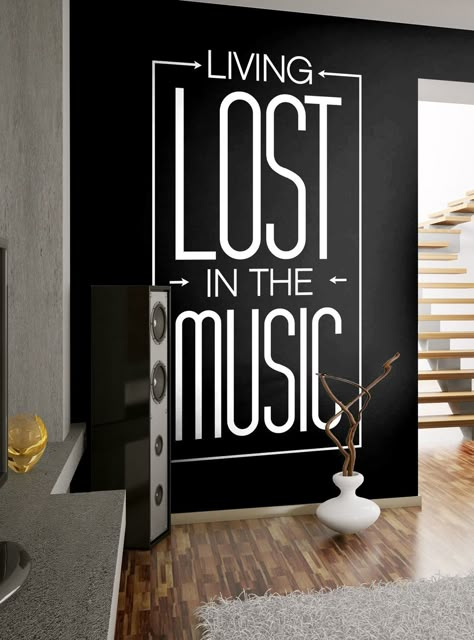 "Living Lost in Music Wall Decal - Music Love Wall Sticker Recording Studio Audio Sound Wave Music Gamer Producer by Wallagio Transform your walls with this Living Lost in The Music Wall Decal! Drastically make over any music studio, living room, bedroom, family room, man cave or any other space in your home, office, store or gathering place with something that that is certain to make a strong statement. Say it loud! Say it proud! Do it with style! There are multiple size options to fit your spa Music Studio Artwork, Music Room Aesthetic Dark, Music Theme Living Room, Music Room Wall Art, Music Wall Design, Boys Music Themed Bedroom, Aesthetic Music Room Decor, Red Rooms Bedroom, Music Studio Decor Interior Design