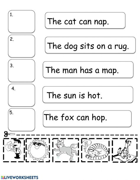 CVC sentences online worksheet for Kindergarten. You can do the exercises online or download the worksheet as pdf. Cvc Sentences, Reading Pictures, Maluchy Montessori, Cvc Word, English Test, Jolly Phonics, Word Sentences, Simple Sentences, Reading Worksheets