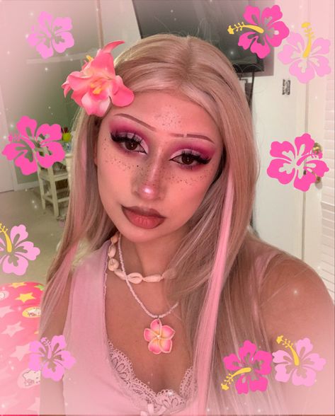 Pink Beach Makeup, Malibu Barbie Makeup, Barbie Makeup Aesthetic, Malibu Barbie Aesthetic, Hawaiian Makeup, Makeup Looks Cute, Aesthetic Outfits Pink, Hawaii Makeup, Pink Makeup Looks