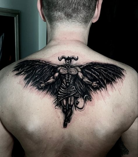 Fallen Lucifer Tattoo, Azazel Tattoo, Devil Back Tattoo, Fallen Angel Back Tattoo, Devil Tattoo Men, Devil Tattoo Demons, Demonic Tattoo Designs, Demon Back Tattoo, Demons Tattoo Ideas