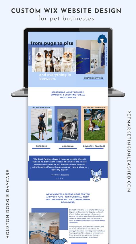 This modern Wix website design has a beautiful blue color palette, clean lines, and welcoming, fun copy. If you need an eye catching website designed for your doggy daycare, pet grooming, or other pet business, Pet Marketing Unleashed can help with all of your website needs so you can start attracting your dream customers and clients right to your doorstep. #wixwebsite #wixdesigns #bluewebsite #petwebsite Dog Grooming Website Design, Email Template Ideas, Pet Marketing, Pet Services Business, Dog Daycare Business, Pet Daycare, Dog Day Care, Simple Website Design, Boarding Facility