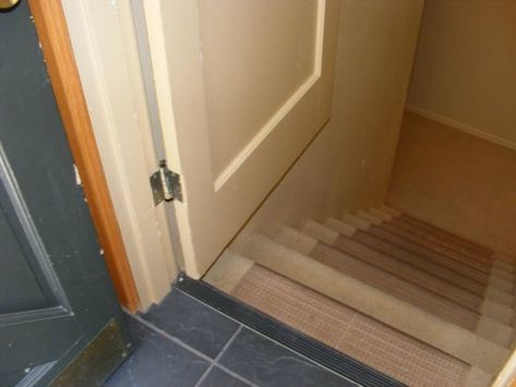 Open Basement Stairs, Top Of Stairs, Basement Doors, Top Of The Stairs, Stair Landing, Seattle Homes, Basement House, Basement Stairs, Swinging Doors