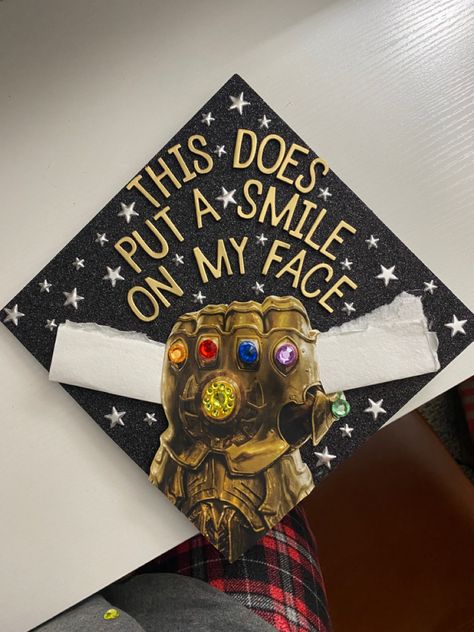 marvel inspired graduation cap #marvel #marvelavengers #marvelcinematicuniverse #graduation grad cap #infinity infinity gautlet grad cap Thanos Graduation Cap, Grad Cap Designs Marvel, Scarlet Witch Graduation Cap, Graduation Cap Marvel, Grad Cap Ideas Marvel, Marvel Graduation Party, Graduation Cap Designs Movies, Marvel Grad Cap, Percy Jackson Graduation Cap