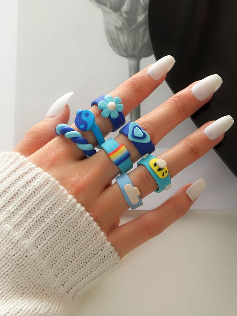 Multicolor Cute   Polymer Clay  Ring Sets    Jewelry Dough Ring Idea, Cute Polymer Clay Rings, Handmade Rings Clay, Polymer Clay Ring Ideas, Polymer Clay Rings Diy, Cute Clay Rings, Clay Ring Ideas, Dough Ring, Polymer Rings