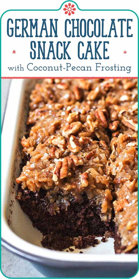 Pecan Baking, German Chocolate Sheet Cake, Chocolate Snack Cake, Pecan Frosting, Coconut Pecan Frosting, Pecan Topping, Chocolate Sheet Cake, Coconut Pecan, Chocolate Snacks