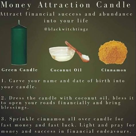 🔥𝐇𝐚𝐫𝐫𝐲'𝐬 𝗪𝐨𝐫𝐥𝐝 𝐒𝐨𝐮𝐭𝐡 𝐒𝐭𝐫𝐞𝐞𝐭🌀 on Instagram: “🙌THIS is one of the most powerful money attraction spells! 🤑🤑🤑 Although it says coconut oil, any essential oil will do! 💥Stop by and pick…” Money Candle Spell, Money Spells Magic, Candle Magic Spells, Money Attraction, Hoodoo Spells, Money Spells That Work, Good Luck Spells, Money Candle, Spells For Beginners