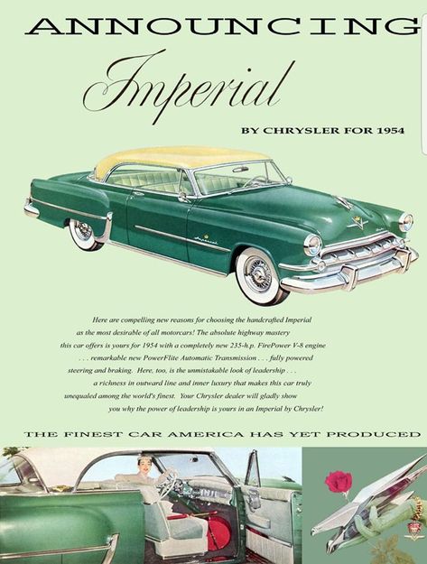 Cars Advertising, Car Advertisement, Vintage Auto's, Automobile Advertising, Chrysler Cars, Chrysler Imperial, Vintage Auto, Vintage Trends, Car Advertising