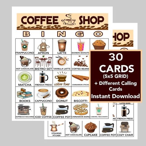 Macmillan Coffee Morning Cakes, Coffee Birthday Party, Coffee Themed Party, Coffee Bridal Shower, Coffee Birthday, Music Bingo, Printable Bingo Cards, Bingo Set, Coffee Party