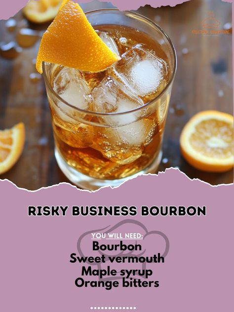 🥃 "Take a risk and savor the boldness of Risky Business Bourbon—smooth, strong, and oh-so-satisfying! 🧊🍊 #RiskyBourbon #BourbonSips" Risky Business Bourbon Ingredients: Bourbon (2 oz) Sweet vermouth (1/2 oz) Maple syrup (1/4 oz) Orange bitters (2 dashes) Ice (as needed) Orange peel (for garnish) Instructions: Combine bourbon, sweet vermouth, maple syrup, and bitters in a shaker with ice. Shake well and strain into a chilled glass. Garnish with an orange peel. 🍊 "Risky Business Bourbon is ... Orange Bitters Recipe, Bitters Recipe, Glass Garnish, Orange Bitters, Sweet Vermouth, Take A Risk, Yummy Alcoholic Drinks, Risky Business, Vermouth