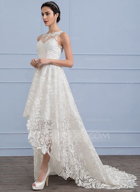 Asymmetrical Wedding Dress, Wedding Dresses High Low, Ivory Lace Wedding Dress, Silver Cocktail Dress, Gaun Fashion, Wedding Dresses With Straps, White Wedding Dress, Affordable Wedding Dresses, Tea Length Wedding Dress