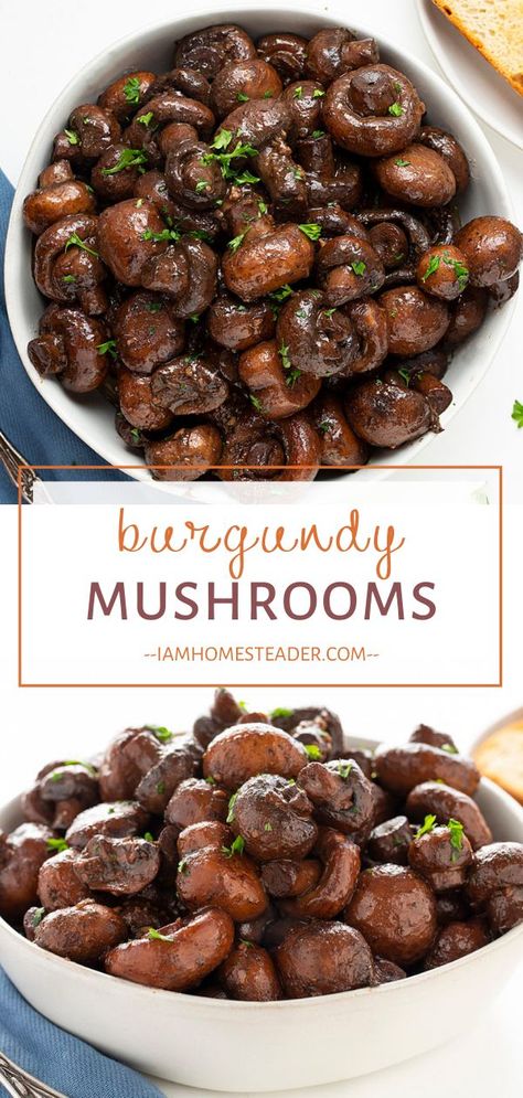 Burgundy Mushrooms, Mushroom Wine Sauce, Mushroom Side Dishes, Red Wine Recipe, Marinated Mushrooms, Thanksgiving Dinner Menu, Menu List, Beef Roast, Red Wine Sauce