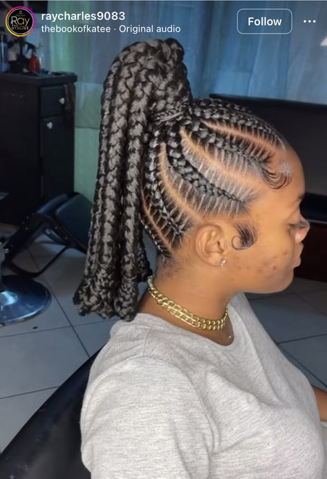 Stitch Feed In Braids Ponytail, Mini Feed In Braids, Small Feed In Ponytail, Conrow Ponytails, Braids With Knots, Feedin Ponytail Braids, Heart Cornrows, Braided Ponytail Black Hair, Feed In Braids Ponytail