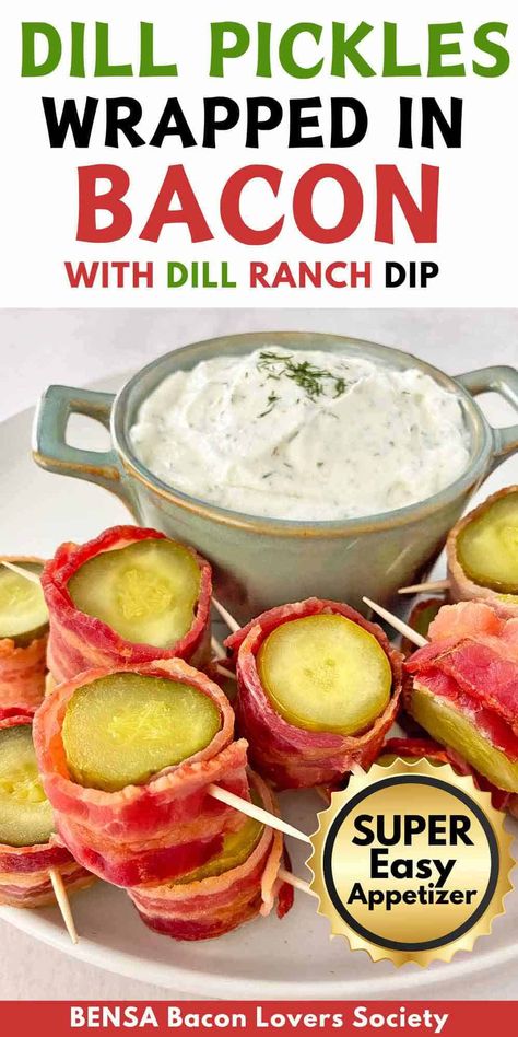 Bacon-wrapped dill pickles skewered with toothpicks, served with a bowl of creamy dill ranch dip. Pickles Wrapped In Bacon, Dill Ranch Dip, Appetizer Recipes Bacon, Asparagus Bacon Wrapped, Million Dollar Bacon, Bacon Appetizer Recipes, Dill Ranch, Small Bites Party, Bacon Pickles