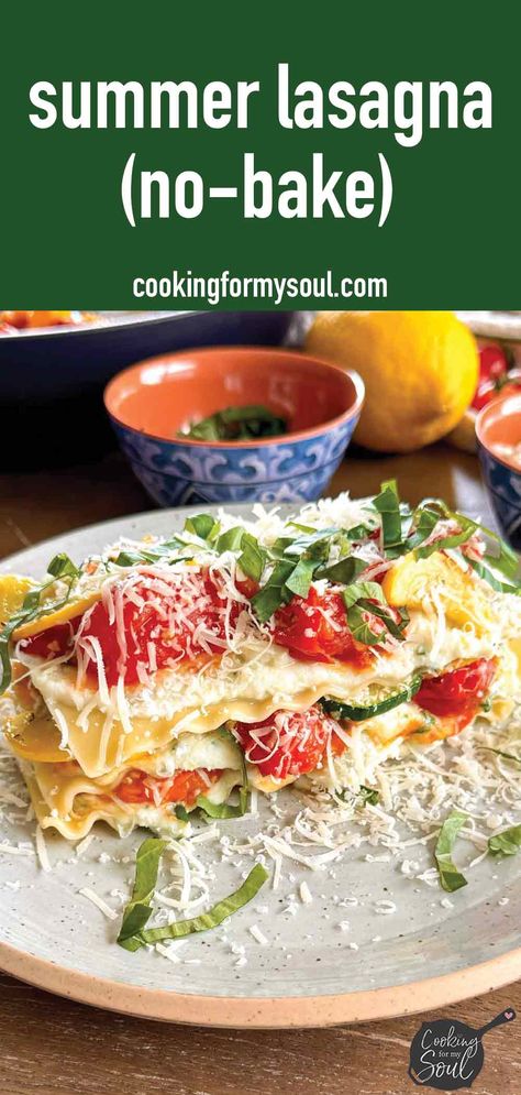 Summer Lasagna Meatless Summer Dinners, Summer Lasagna, Sauteed Zucchini And Squash, Italian Dinner Recipes, Baked Lasagna, Lasagna Ingredients, Cherry Tomato Sauce, Veggie Lasagna, Watermelon Feta Salad