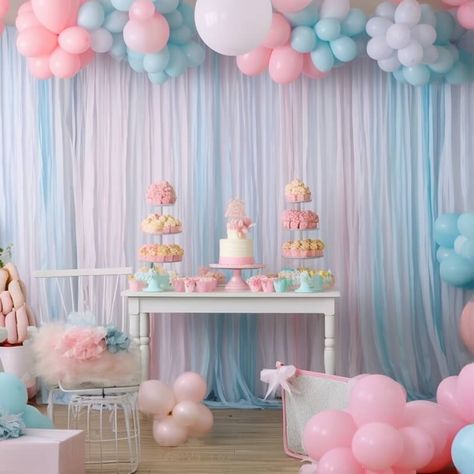 Throw a marvelous gender reveal party that you will never forget. Style the backdrop with lovely pastel blue and blush rose gold tulle curtains with overhanging balloons in the same colors. On the dessert table, set up a blush rose gold pedestal-footed cake stand and a couple of 3-tier cupcake stands next to it where you can beautifully display the treats. Arrange some flowers and greenery in vases and scatter more balloons on the ground. Event Decor Ideas, 3 Tier Cupcake Stand, Party Decorations Table, Gold Pedestal, Gold Tulle, Cupcake Stands, Tulle Curtains, Decorations Table, Dessert Stand