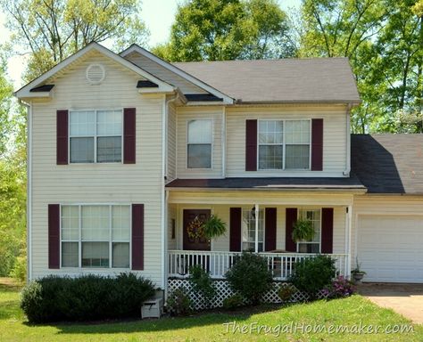 Cream Colored House With Shutters, Cream House Shutter Colors, Yellow House White Trim, Black Door And Shutters, Burgundy Shutters, House With Shutters, Cream Colored Houses, Painted Shutters, Red Door House