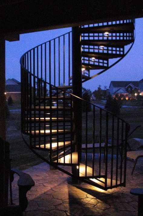 Lights Under Stairs, Stairs Lighting Ideas, Outdoor Spiral Staircase, Spiral Staircase Outdoor, Deck Stair Lights, Staircase Lighting Ideas, Spiral Stairs Design, Stairs Lighting, Staircase Outdoor