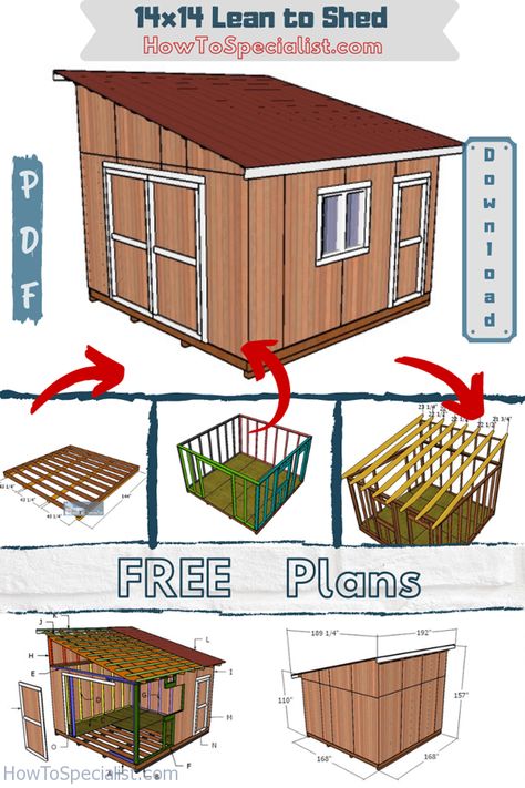 Step by step tutorial on how to build a 14x14 lean to shed. The free plans come with 3D diagrams and complete Cut and Shopping lists. PDF download and Print friendly #shedplans #leantoshed #largegardenshed 12x8 Shed Plans, 14x14 Shed Plans, Building Plan Drawing, 12x8 Shed, Clubhouse Ideas, Lean To Roof, Lean To Shed Plans, Shed Office, Lean To Shed