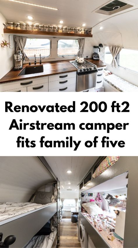 Airstream Trailers Interior, Airstream Bunk Bed Ideas, Airstream With Bunkbeds, Airstream Dinette, Caravan Bunk Beds, Remodeled Airstream, Caravan Bunks, Camper Bunk Beds, Airstream Decor