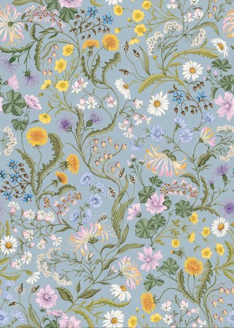 The Lost Garden wallpaper in coastal blue is a romantic design featuring an intricate floral arrangement.  10m x William Kilburn, Chintz Wallpaper, Illustrated Wallpaper, Chintz Pattern, Lost Garden, Garden Wallpaper, Postcard Template, Wallpaper Patterns, Coastal Blue