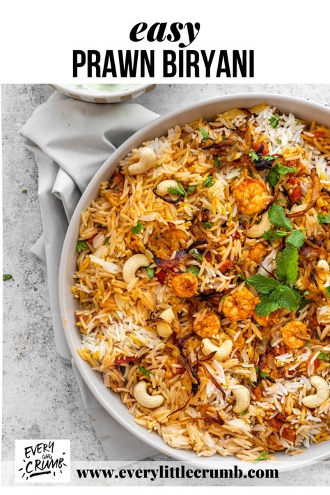 Easy prawn biryani- a flavorful show stopping Indian style biryani made simple, with step by step photos and a video! One of the tastiest dishes to come out of my kitchen, you need to try this out. #biryanirecipe #indianfood #shrimp #prawns Byriani Recipe, Prawn Biryani Recipes, Prawn Biryani, Iranian Recipes, Chicken Biryani Recipe, Masala Spice, Prawn Recipes, Simple Green Salad, Biryani Recipe