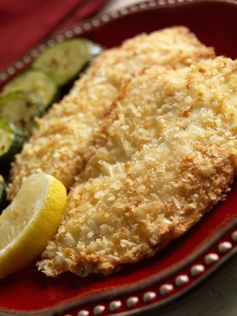 Potato Chip-Crusted Fish with Lemon-Garlic Aioli Recipe Tilapia Fillet Recipe, Tilapia Parmesan, Lemon Garlic Aioli, Parmesan Crusted Tilapia, Fish Fillet Recipe, Crusted Tilapia, Crunchy Potatoes, Baked Fish Recipes, Baked Tilapia