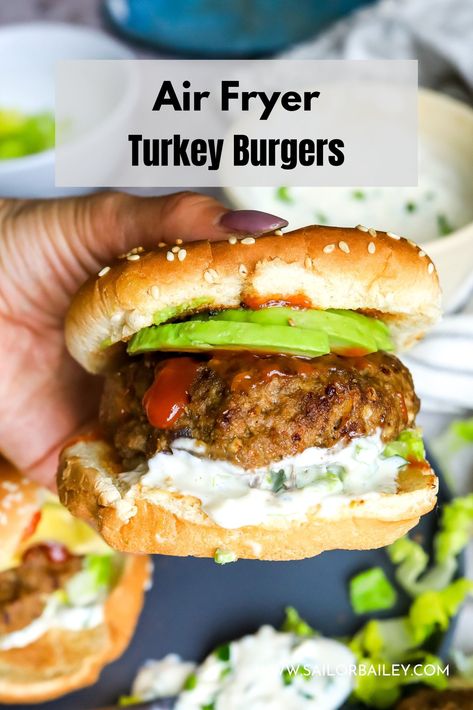 Juicy air fryer turkey burgers filled with smokey flavors, topped with zesty jalapeño mayo and come together quickly and mess free in the air fryer. via @sailor_bailey Turkey Burgers In Air Fryer, Burgers In Air Fryer, Jennie O Turkey, Air Fryer Turkey, Braised Chicken Breast, Jennie O, Frozen Turkey, Turkey Burger Recipes, Food Doodles