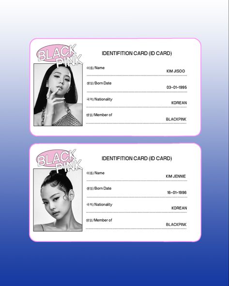 Student Id Card Aesthetic, Blackpink Id, Id Card Template Aesthetic, Id Card Design Kpop, Photocard Design, Blackpink Stickers, Identity Card Design, Instagram Feed Layout, Pink Names