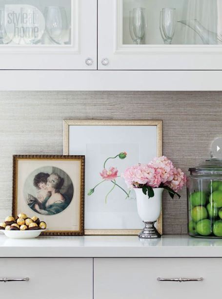 Grasscloth in the Kitchen Grey Grasscloth Wallpaper, Backsplash Wallpaper, Beadboard Backsplash, Herringbone Backsplash, Wallpaper Gallery, Grasscloth Wallpaper, Kitchen Wallpaper, Trendy Kitchen, White Cabinets