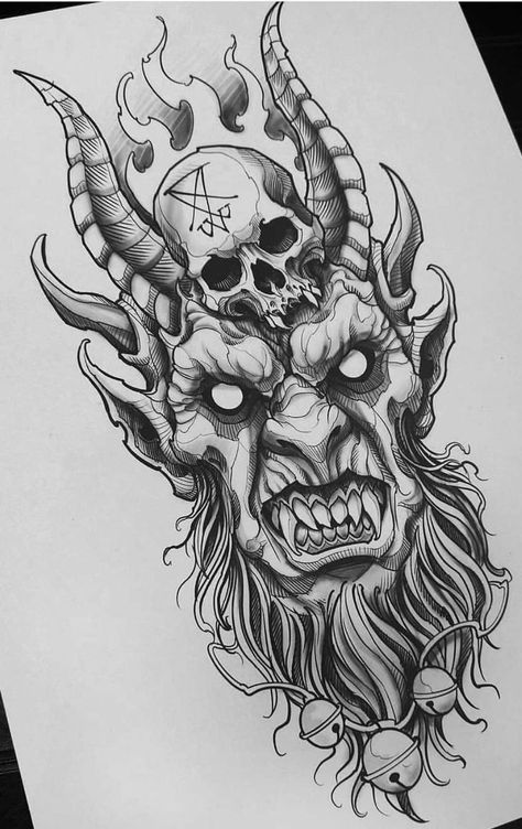 Satanic Tattoos, Skull Art Tattoo, Occult Tattoo, Skull Sleeve Tattoos, Evil Tattoos, Demon Tattoo, Tattoo Outline Drawing, Scary Tattoos, Creepy Tattoos