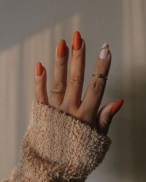 Orange nails, Almond nails, Cute fall nails Pumpkin Spice Nails, Orange Nail Designs, Simple Fall Nails, September Nails, Pumpkin Nails, Cute Nails For Fall, October Nails, Fall Nail Colors, Orange Nails