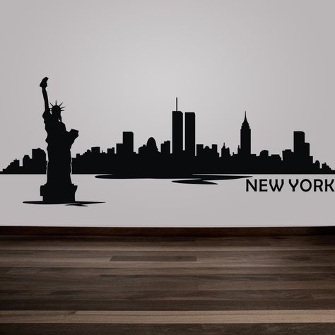 Buy New York City Skyline Silhouette Wall Decal New York Skyline Silhouette, Nyc Murals, New York Drawing, New York Bedroom, Painted Canvas Bags, Skyline Drawing, New York Theme, City Skyline Silhouette, Nursery Wall Decor Boy