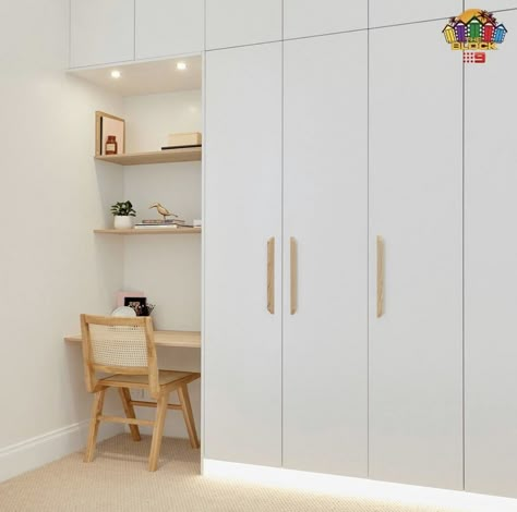 Bedroom With Working Desk, Study Wardrobe Design, Built In Wardrobe Ideas Corner, Built In Cabinet For Small Bedroom, Bedroom Desk Wardrobe, Small Room Built In Wardrobe, Shallow Wardrobe, Ikea Wardrobe Desk Hack, Built In Wardrobe Kids Room