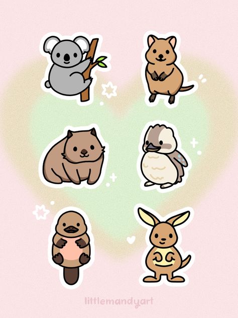 Cute Australian friends stickers - koala, quokka, wombat, kookaburra, platypus, & kangaroo. Cute Wombat Drawing, Cute Kangaroo Illustration, Kookaburra Drawing, Koala Doodle, Wombat Illustration, Quokka Drawing, Quokka Illustration, Wombat Drawing, Kangaroo Cute