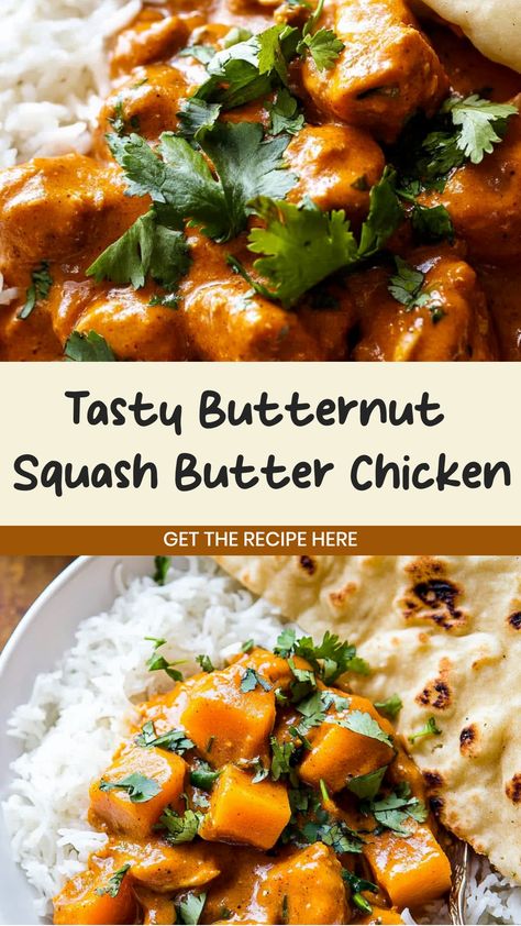 Explore the delicious fusion of flavors with this Butternut Squash Butter Chicken recipe. This dish combines the natural sweetness of butternut squash with the rich, creamy taste of butter chicken for a comforting and satisfying meal. Perfect for cozy nights in or special dinner occasions, this recipe is sure to become a new family favorite. Chicken With Butternut Squash Recipes, Halibut And Butternut Squash, Butternut Squash With Chicken, Butternut Recipes Dinners, Butternut Squash Chicken Recipes, Butternut Squash Butter Chicken, Butternut Squash And Chicken Recipes, Chicken Butternut Squash Recipes, Chicken And Squash Recipes