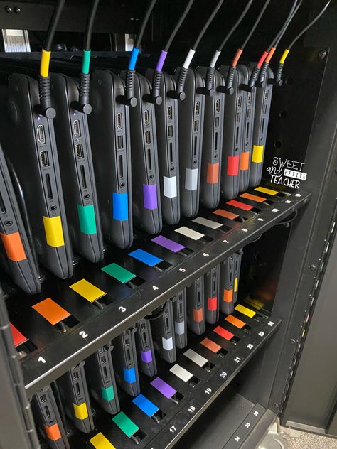 Went in on a Sunday to organize and color code my chrome book cart because I was so tired of cords being tangled and chrome books being in their wrong spot. Now I can be sane again knowing this will be a HUGE help! 👏🏼 Computer Cart Organization, Chromebook Cart Organization, Class Headphone Storage, Chromebook Organization, Computer Cart Organization Classroom, Classroom Chromebook Organization, Classroom Amazon Must Haves, Chromebook Organization In The Classroom, How To Store Chromebooks In A Classroom