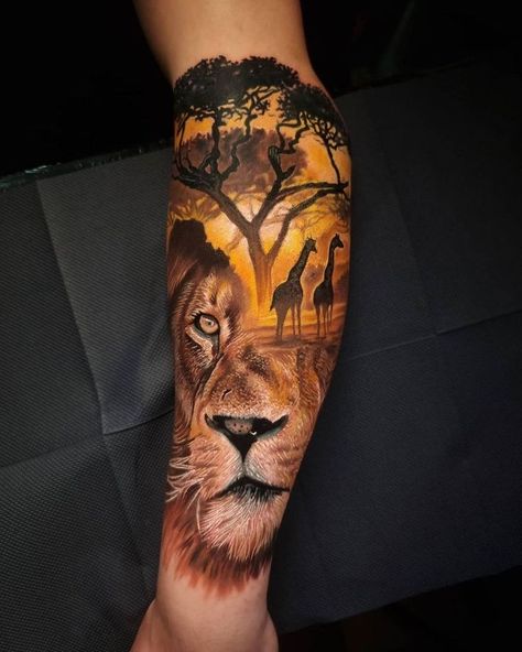 Lion & Giraffes by Marek Hali, owner of Hali Tattoo Studio in Gorlice, Poland. Safari Tattoo Ideas, Safari Tattoo, African Sleeve Tattoo, Africa Tattoos, Animal Sleeve Tattoo, African Tattoo, Tattoo Themes, Omerta Tattoo, Lion Tattoo Design