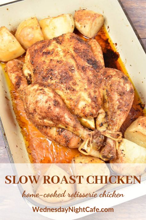 Slow Roast Chicken, also called faux-tisserie chicken, is roasted for a long time at a low oven temperature. Slow Roast Chicken has perfectly tender meat that doesn’t dry out and sweet sticky skin. This is a simple and healthy home-cooked rotisserie chicken. #roastchicken #rotisseriechicken Slow Cooked Whole Chicken In Oven, Slow Cook Chicken In Oven, Slow Oven Roasted Chicken Whole, Slow Roasted Chicken Oven, Slow Roasted Whole Chicken In Oven, Slow Roast Chicken In Oven, Oven Slow Cooked Chicken, Slow Roasted Chicken Whole, Slow Baked Chicken In Oven