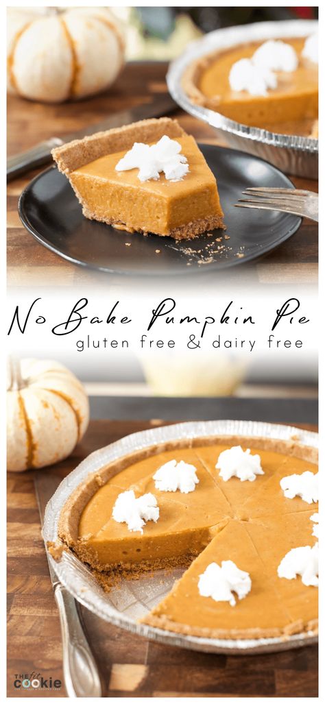 Skip the oven this holiday and make a No Bake Pumpkin Pie! This pumpkin pie has a graham crust and is gluten free and dairy free with a vegan option | thefitcookie.com #dairyfree #glutenfree #eggfree #pumpkin Pumpkin Pie Gluten Free, Gluten Free Dairy Free Cookies, Dairy Free Cookie Recipe, Dairy Free Thanksgiving, Dairy Free Pumpkin Pie, Baking Pumpkin, Gluten Free Pumpkin Pie, Dairy Free Cheesecake, No Bake Pumpkin