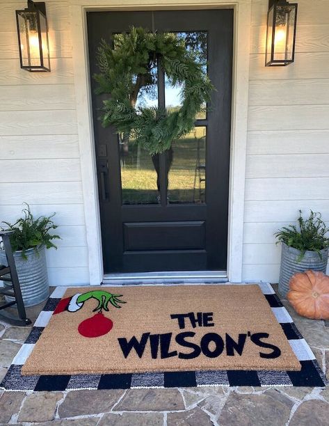 "The Grinch Christmas Personalized Doormat, Christmas Door Mat, Outdoor Welcome Mat, Flocked Coir Custom Entryway Rug, Holiday Gift HANDMADE FLOCKED COIR DOORMAT 100% NATURAL COIR DOORMAT WITH PVC RUBBER BACKING: The natural coconut fiber surface provides durability and traction to wipe your shoes with PVC rubber backing to provide added durability and slip resistance. VARIETY OF DESIGNS: Doormat Decoir has hundreds of designs and sayings to choose from to compliment the look of any entryway sty Custom Entryway, Doormat Christmas, Doormat Ideas, Christmas Door Mat, Door Mat Outdoor, Outdoor Welcome Mat, Door Mat Diy, Entryway Style, The Grinch Christmas