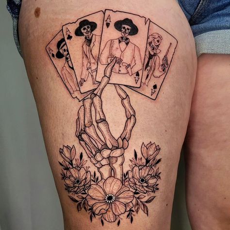 Western Skeleton Tattoos For Women, Leg Tattoos Western, Skeleton Hand Holding Cards Tattoo, Western Shin Tattoo, Spooky Western Tattoo, Patchwork Tattoo Ideas Western, Western Traditional Tattoo Sleeve, Hand Tattoos For Women Western, Western Mens Tattoos