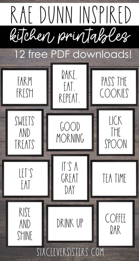 Love everything Rae Dunn? Then you are bound to love these free Rae Dunn inspired printables for the home! I find myself adding printables to my home, that way I can easily change out the decor from time to time! #printables #freeprintable #home #homedecor #raedunn #decor Sublimation Home Decor Ideas, Printable Kitchen Signs, Kitchen Printables Free, Bar Printables, Hand Lettering Printables, Farmhouse Printables, Kitchen Printables, Coffee Bars, Free Printable Wall Art