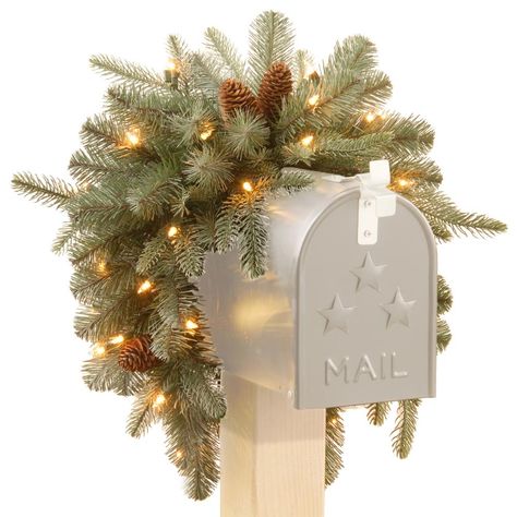 National Tree Company 36 in. Frosted Arctic Spruce Mailbox Swag with Battery Operated Warm White LED Lights Mailbox Swag, Pre Lit Garland, Battery Operated Led Lights, Mailbox Decor, Christmas Mail, Light Garland, Outdoor Holiday Decor, Mountain Cabin, White Led Lights