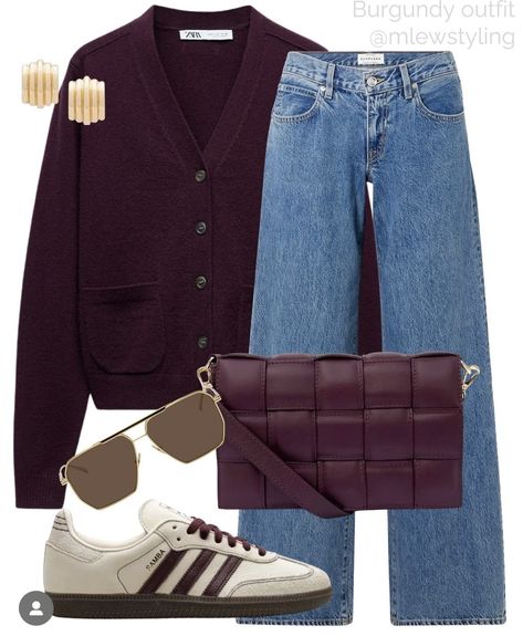 Zara Fall Winter 2024 2025, Burgundy Adidas Outfit, Burgundy Bag Outfit Street Style, Zara Cardigan Outfit, Burgundy Samba Outfit, Fall Adidas Samba Outfit, Burgundy Cardigan Outfit Fall, Zara Outfit 2024 Autumn, Styling Vs Wearing