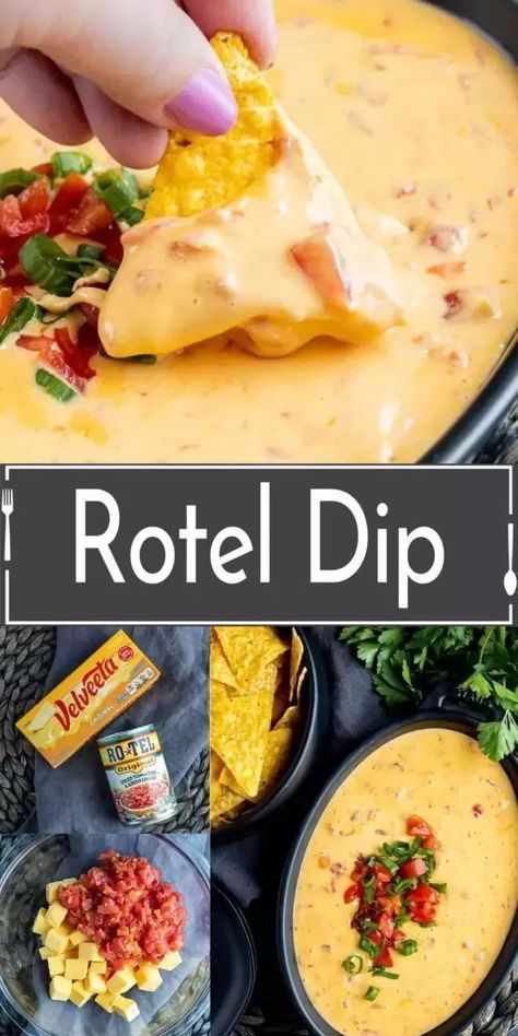 Make your next party a hit with this easy and delicious Rotel Dip recipe from Home. Made. Interest! With just two ingredients, this cheesy and spicy dip is sure to be a crowd-pleaser. Great for game day or as a side dish for Taco Tuesday. You can't go wrong with this super simple cheese dip! Simple Cheese Dip, Rotel Queso, Rotel Cheese Dip, Easy Cheese Dip, Party Dips Easy, Taco Side Dishes, Rotel Dip, Queso Dip Recipes, Spicy Dip