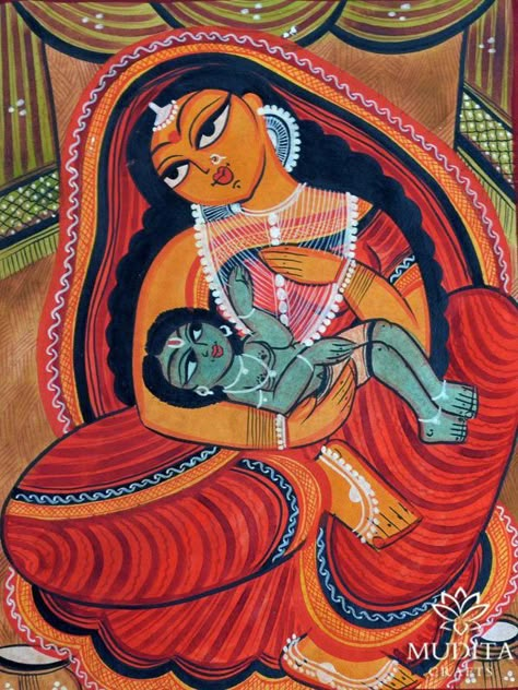 Krishna Yashoda, Kalighat Paintings, Yashoda Krishna, Phad Painting, Worli Painting, Mythological Stories, Canvas Art Painting Acrylic, Color Theory Art, Contemporary Folk Art